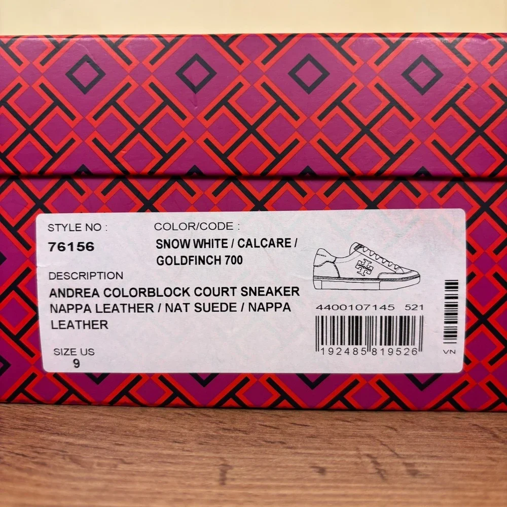 TORY BURCH Andrea‎ Colorblock Court Sneaker White/Goldfinch Yellow Women Size 9